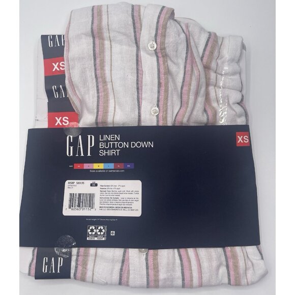GAP Shirt Blouse Womens Size XS Linen Striped Button Down Striped White Pink - Picture 3 of 4